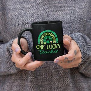 One Lucky Teacher Coffee Mug, Green Rainbow Pencil, St. Patrick's Day Black 11oz